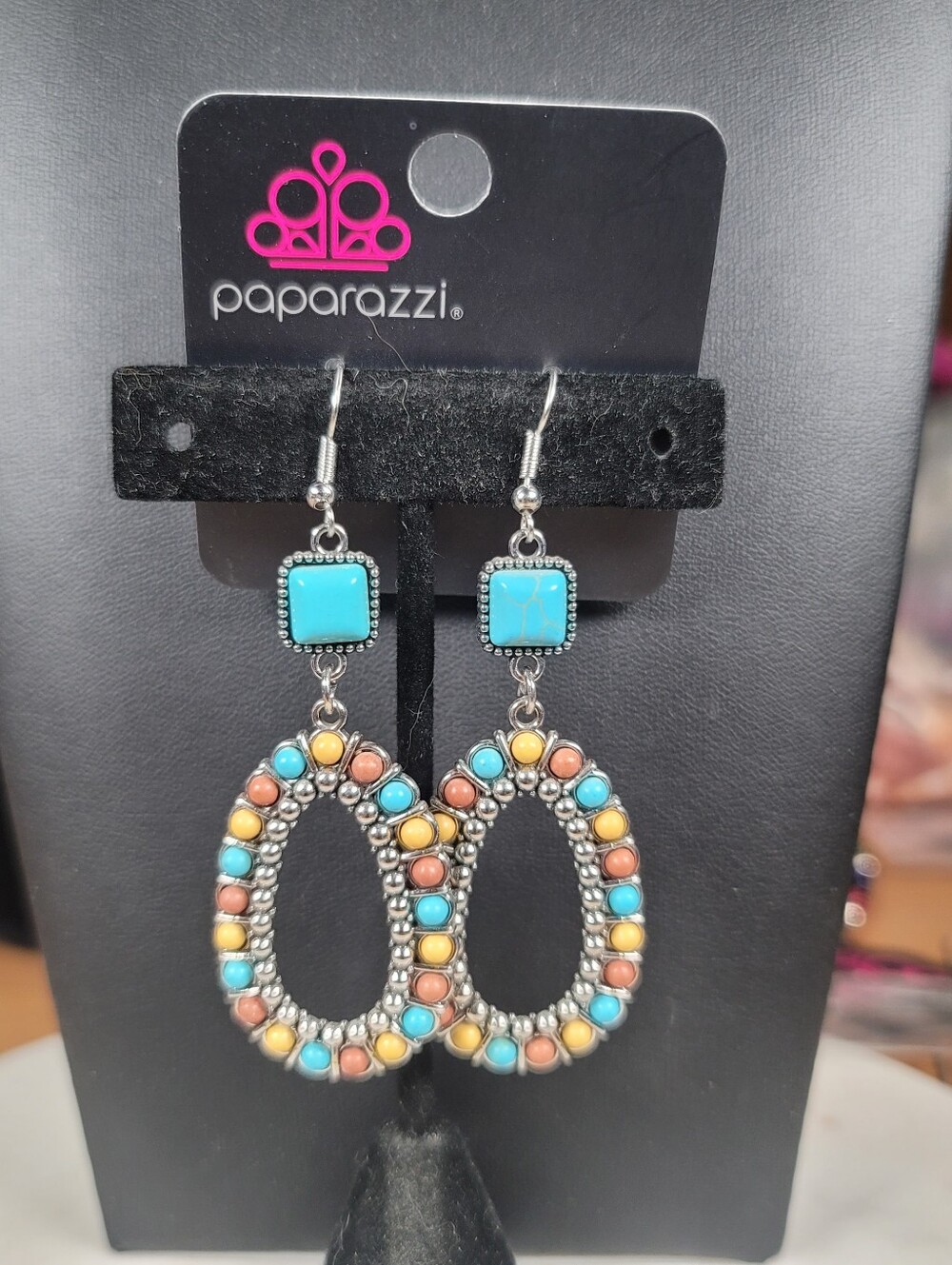 Paparazzi Multicolor Stone Hoop Drop Earrings - Turquoise, Brown, & Yellow